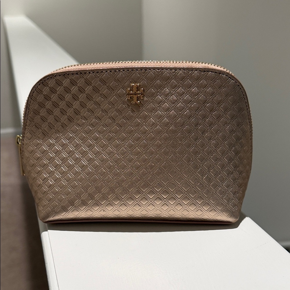 Tory Burch Metallic rose gold  Quilted Cosmetic Pouch